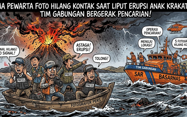 Lima pewarta foto hilang kontak saat meliput erupsi Gunung Anak Krakatau. Basarnas, TNI, Polairud, dan Polda Banten ikut melakukan pencarian.